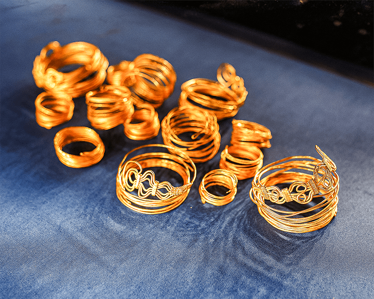 Exhibition of Egyptian ancient jewelry bracelets and necklaces of gold, treasures of the pharaoh on display