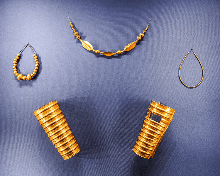 Exhibition of Egyptian ancient jewelry bracelets plus necklaces of gold, treasures of the pharaoh