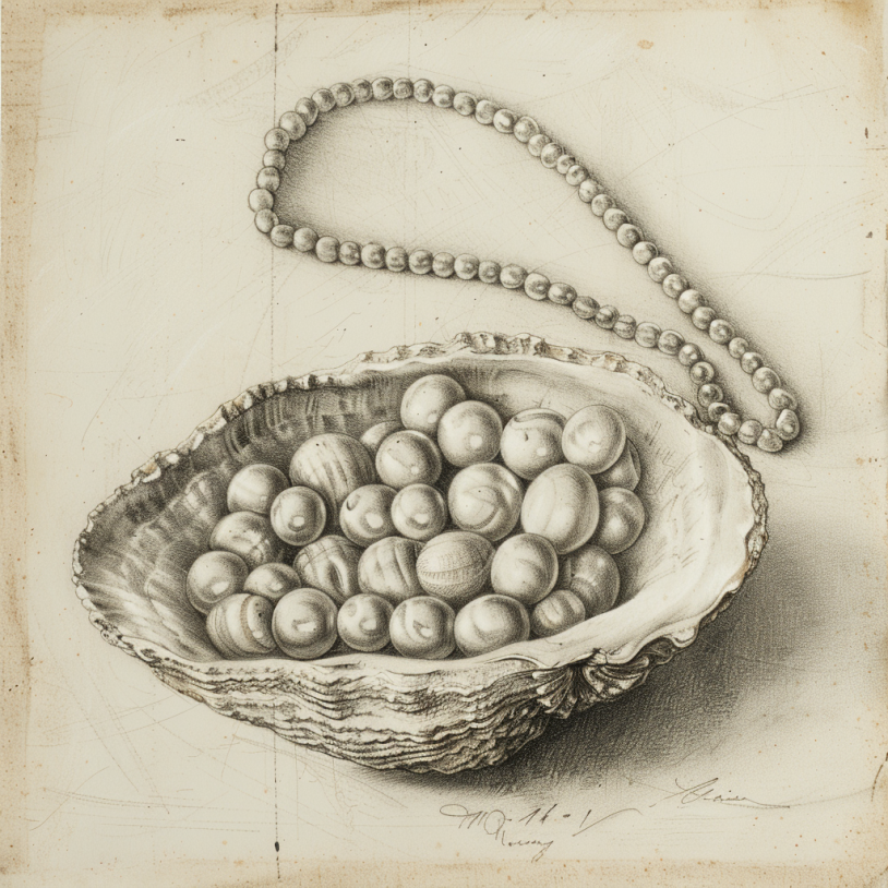 Image showing ancient drawing of pearls in oyster and pearl necklace