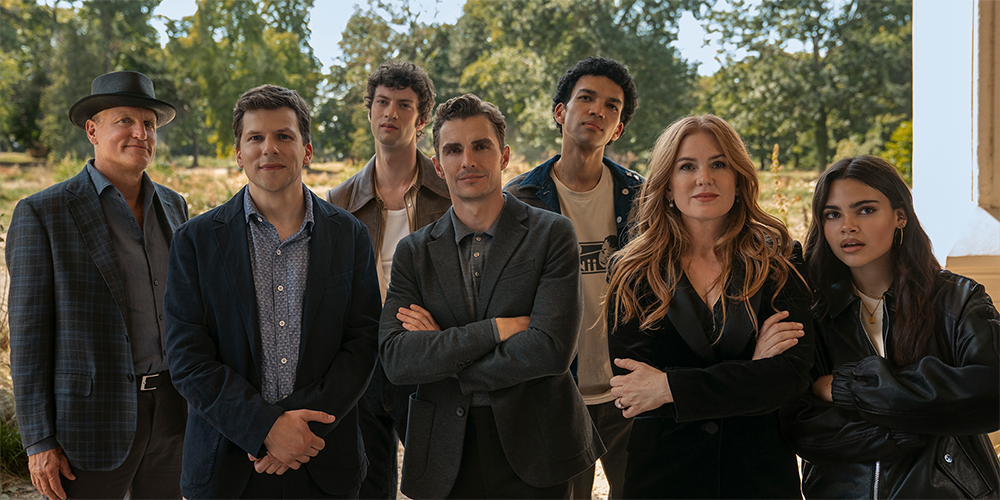 Woody Harrelson as Merret McKinney, Jesse Eisenberg as Daniel Atlas, Dominic Sessa as Bosco, Dave Franco as Jack Wilder, Justice Smith as Charlie, Isla Fisher as Henley Reeves, and Ariana Greenblatt as June in Now You See Me: Now You Don’t