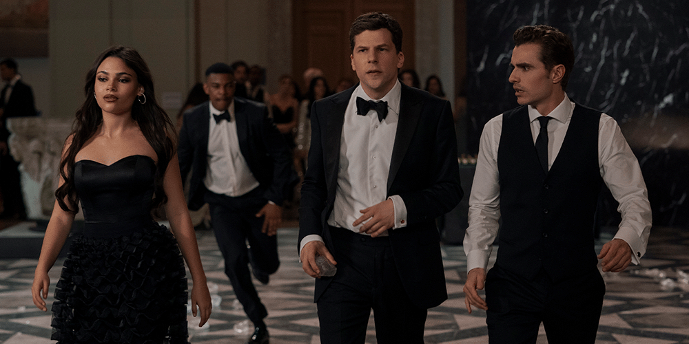 Ariana Greenblatt as June, Jesse Eisenberg as Daniel Atlas, and Dave Franco as Jack Wilder in Now You See Me: Now You Don't. Photo Credit: Katalin Vermes for Lionsgate