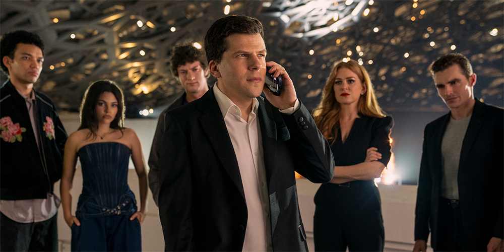 Justice Smith as Charlie, Ariana Greenblatt as June, Dominic Sessa as Bosco, Jesse Eisenberg as Daniel Atlas, Isla Fisher as Henley Reeves, and Dave Franco as Jack Wilder in Now You See Me: Now You Don’t