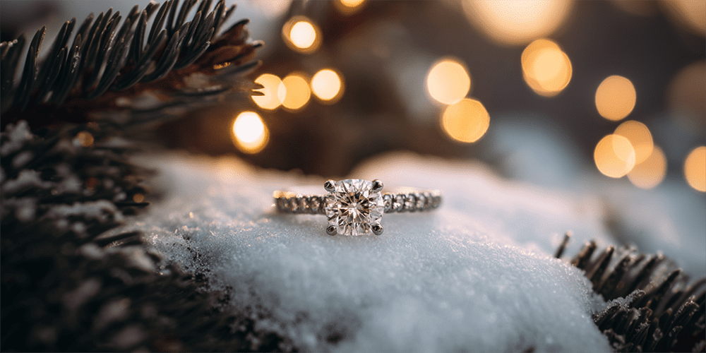 Fine Jewelry Diamond Engagement Ring Restored by Premier Ring Repair Displayed in Snow In Front of Pine Trees and Warm Lights