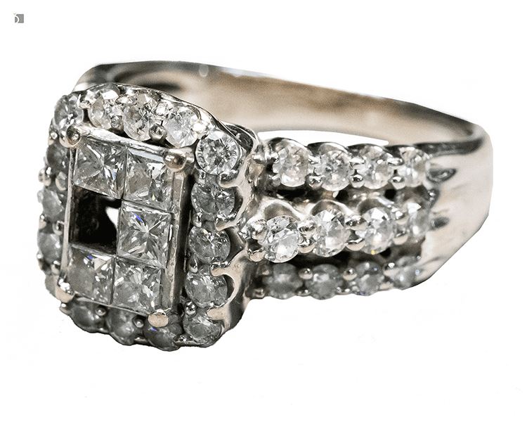 Before #187 Side View of Diamond Invisible Set Ring Prior to Invisible Setting Services by Master Jewelers