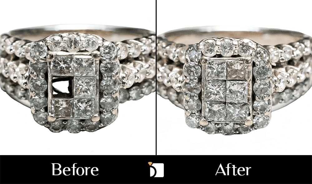 Before & After #187 Invisible Set Diamond Ring Restored by Services of Master Jewelers