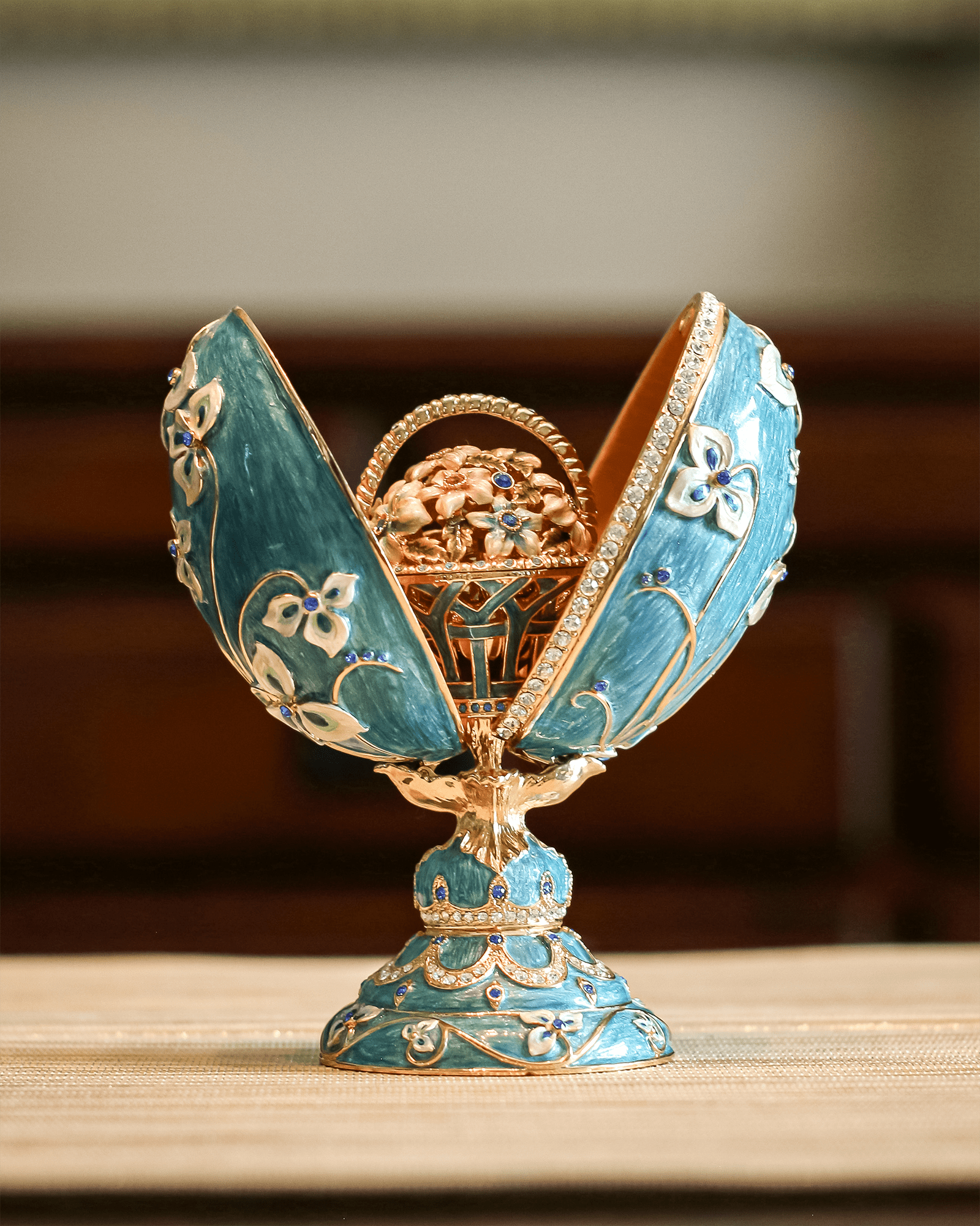Fabergé Eggs Iconic Copy with Hidden Miniature Jewelry Flower Basket Side View