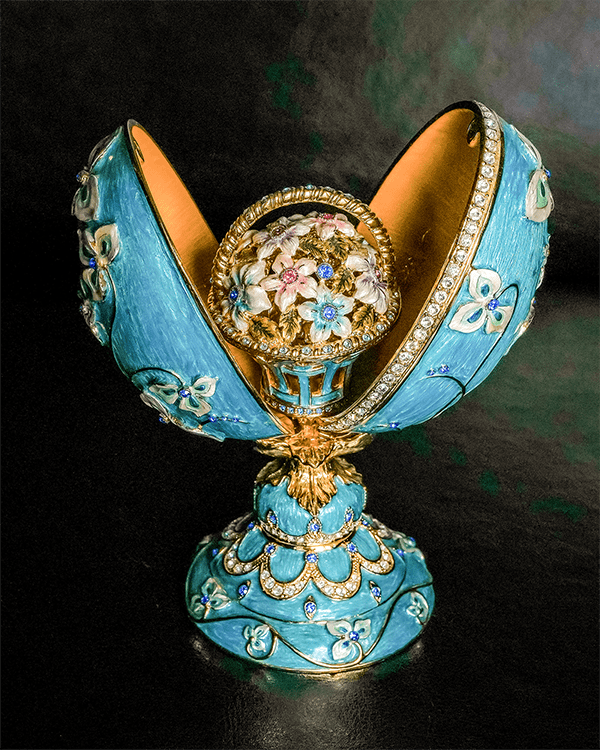 Fabergé Eggs Iconic Copy with Hidden Miniature Jewelry Flower Basket on Display