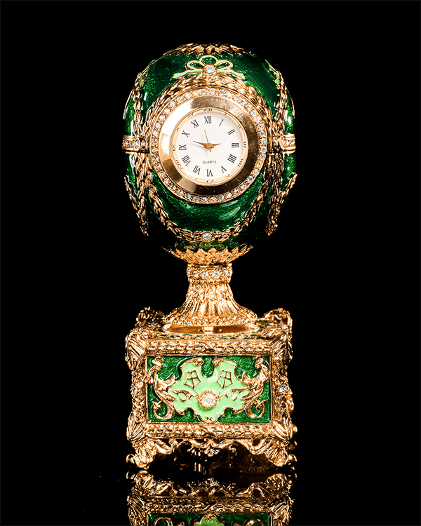 Fabergé Eggs Iconic Jewelry Egg Green Clock with Hidden Closed Compartment on Display
