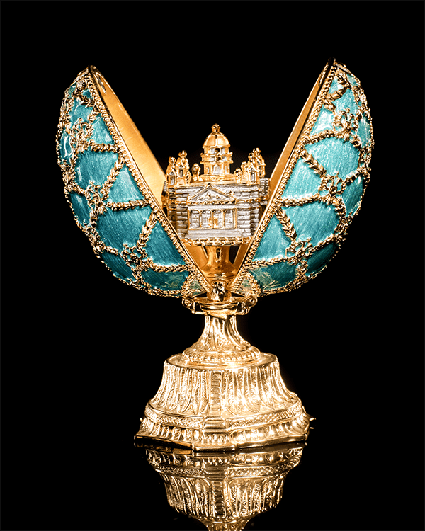 Fabergé Eggs Light Blue Iconic Jewelry Egg with Hidden Miniature Castle on Display