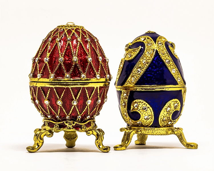 Fabergé Eggs Red and Blue Replica Jewelry Eggs on Display