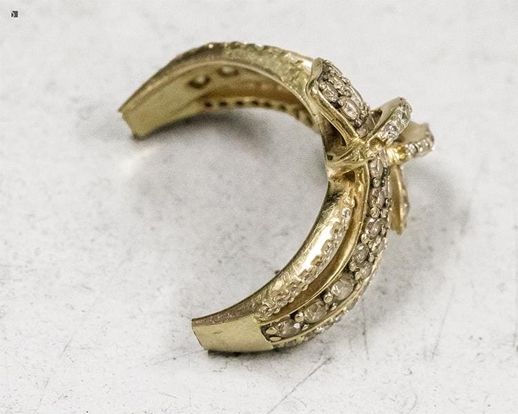 Before #190 14kt gold diamond gemstone ring side view prior to premier ring restoration services by Master Jewelers