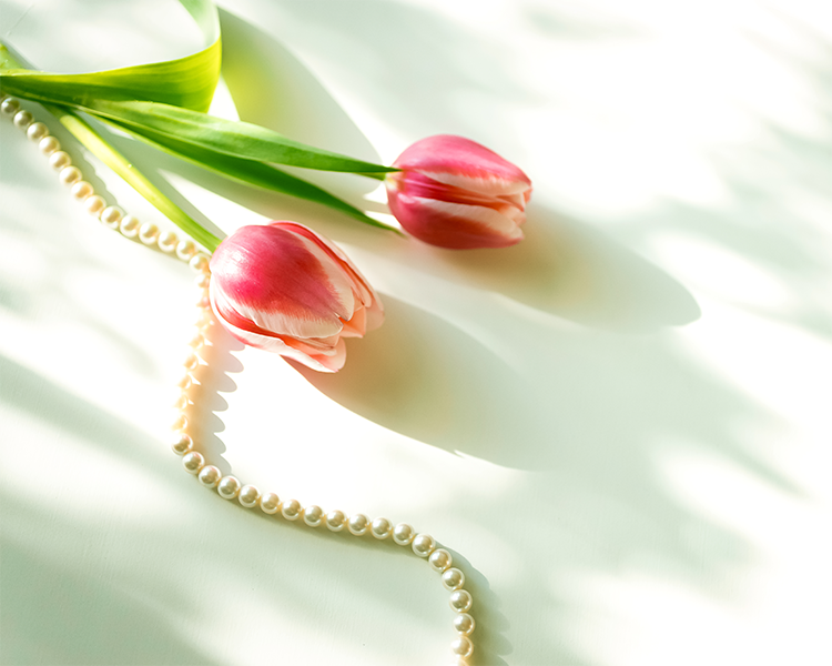 Restored Pearl Necklace Strand Displayed with Red and White Tulips