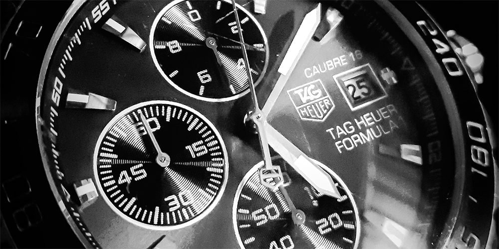 Black and White Close Up of Tag Heuer Formula 1 Caubre 16 Watch Timepiece