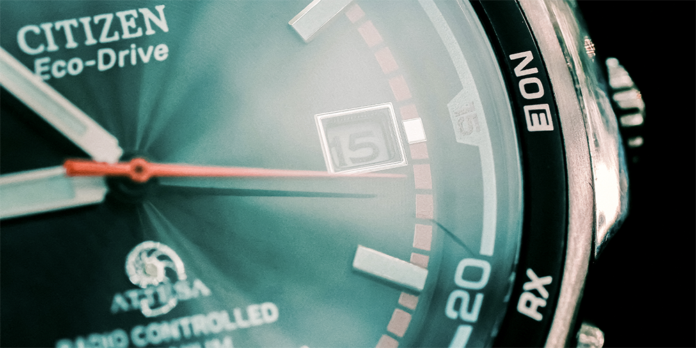 Close Up of Citizen Eco-Drive Attesa Radio Controlled Titanium Watch Timepiece