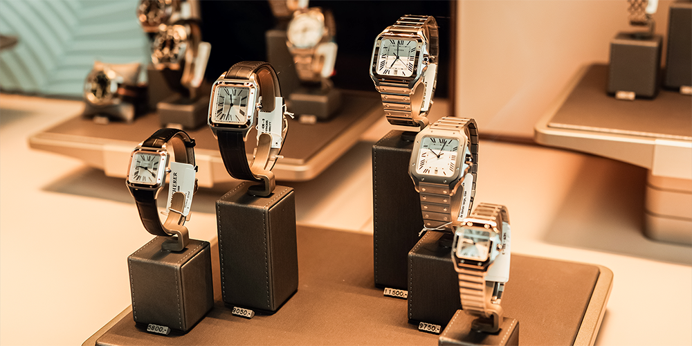 Restored Cartier Timepieces on Display at Shop Window