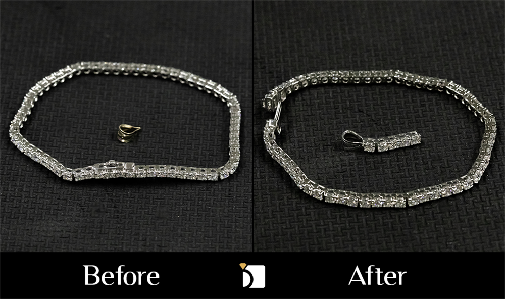 Before & After #193 White Gold Diamond Gemstone Tennis Bracelet Being Sized with a Pendant Conversion