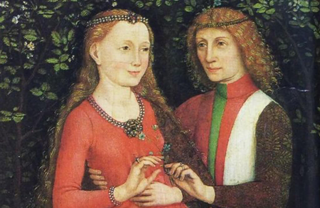 Mary of Burgundy & Maximilian I Painting showcasing Mary of Burgundy receiving the first Diamond Engagement Ring in history
